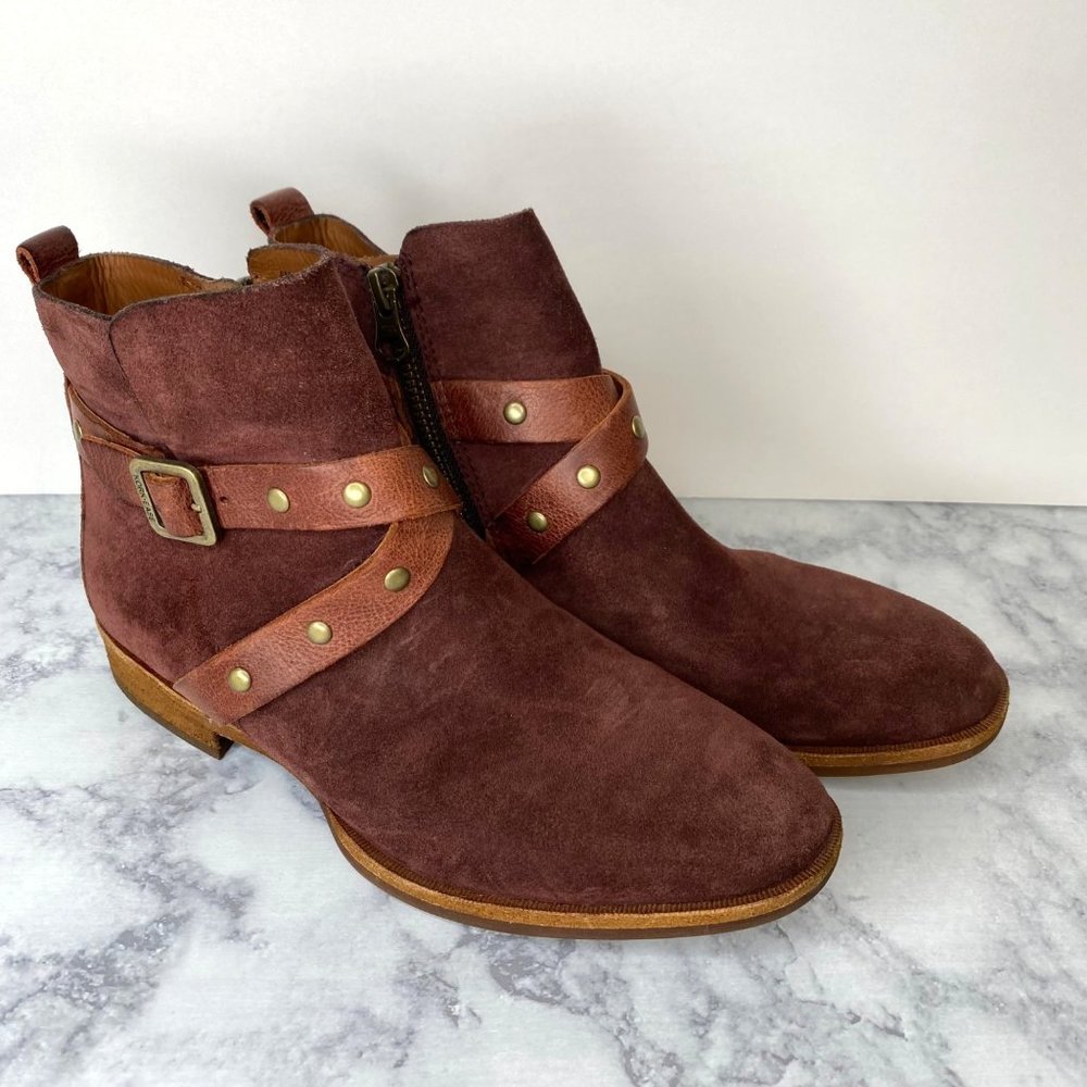 Kork-Ease Kenai Size 6M Studded Ankle Booties Burgundy Suede Buckle Strap